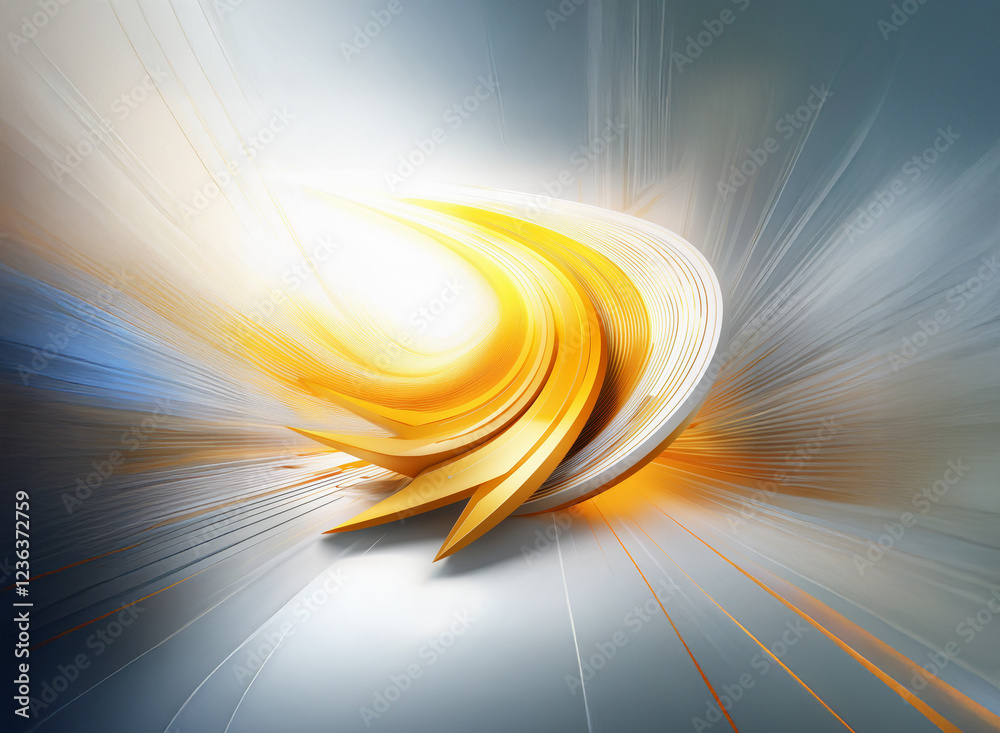 Poster abstract image of swirling golden and silver metallic forms, radiating light and speed, set against 