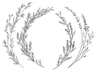 Lavender calligraphic wreath with floral wildflowers, graceful branches, rustic botanical design for wedding save the date and invitation card