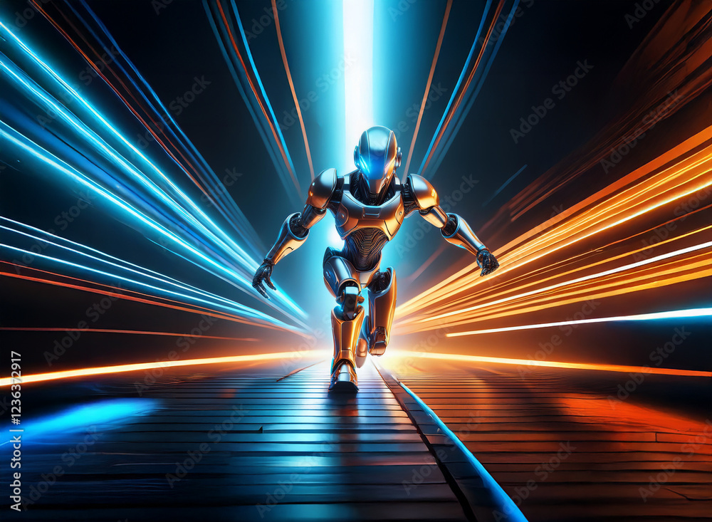 Poster A metallic robot runs through a futuristic tunnel, streaks of vibrant blue and orange light trailing behind.  Its sleek design and determined pose suggest speed and power.