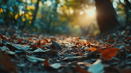 Autumn forest with fallen leaves on the ground in sunlight. Beautiful autumn nature background. Autumn landscape. Sun shining through the trees