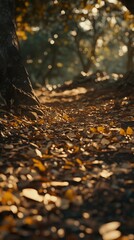 Obraz premium Autumn forest with fallen leaves on the ground in sunlight. Beautiful autumn nature background. Autumn landscape. Sun shining through the trees