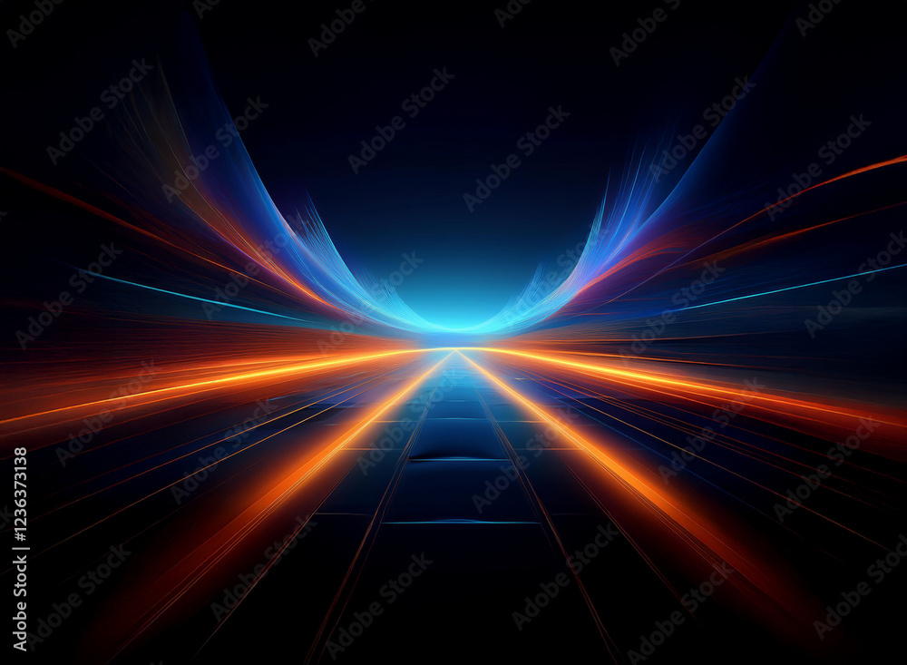 Poster abstract digital art depicting a futuristic highway scene with vibrant orange and blue light trails 