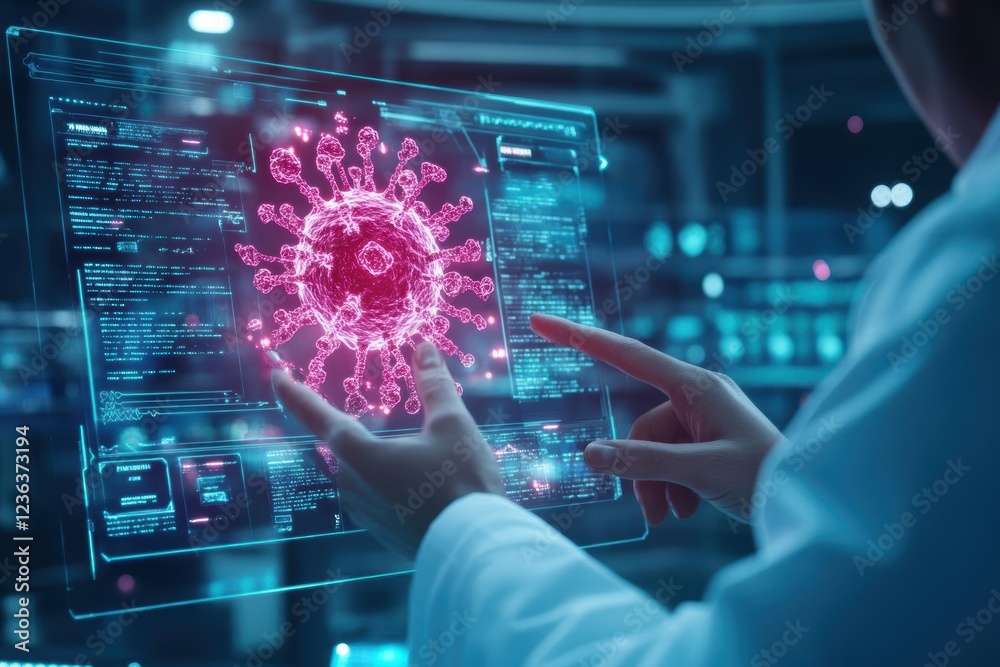 Poster Individual Interacting with Advanced Digital Interface to Visualize Virus Data in a Modern Tech Environment Highlighting Innovation and Health Awareness
