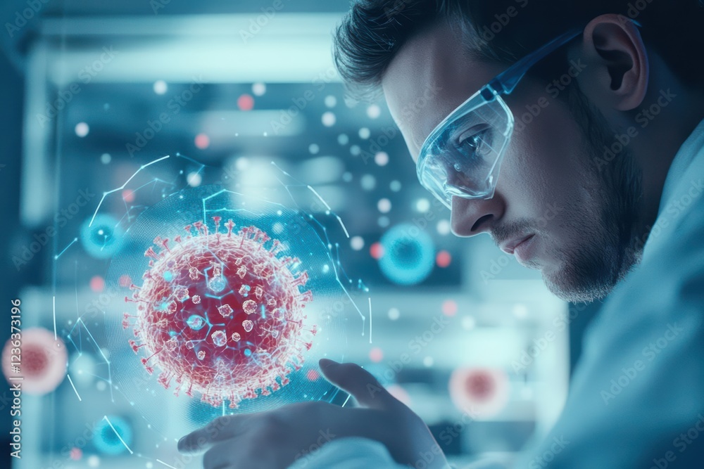 Poster Focused Scientist in Laboratory Observing Viral Structure Under Microscope with Attention to Detail Conveying Seriousness and Innovation in Research