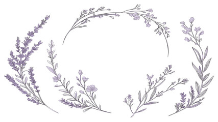 Feminine lavender wreath with wildflowers and graceful branches, rustic botanical design elements for wedding invitation save the date card © aura studio