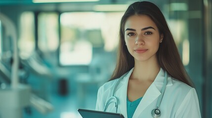 Fototapeta premium Confident young female doctor with stethoscope in modern hospital setting