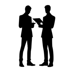 Silhouette of two business professionals discussing with a clipboard