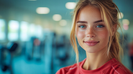 Obraz premium Smiling physio in rehab clinic. Positive female therapist portrait, ready to assist with wellness & recovery. Expert guidance for healthy movement.