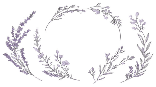 Feminine lavender wreath with wildflowers and graceful branches, rustic botanical design elements for wedding invitation save the date card