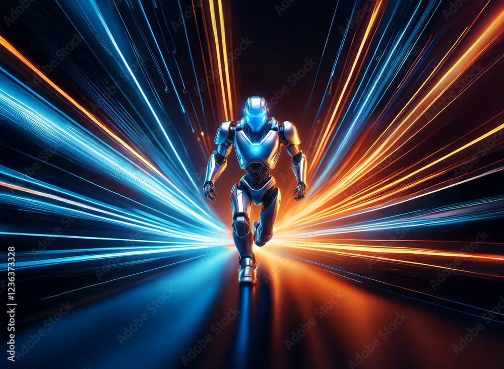 Aufkleber a futuristic robot runs through a vibrant, light-streaked tunnel, showcasing speed and advanced tech