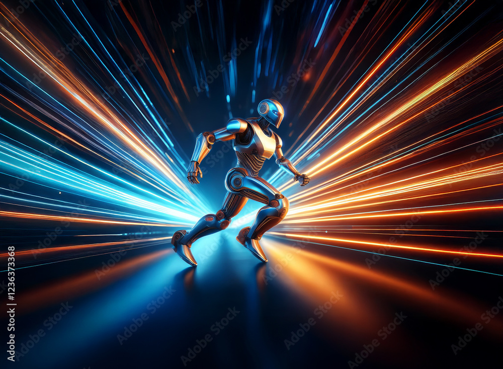 Poster a chrome robot runs through a vibrant, light-streaked tunnel, conveying speed and futuristic technol