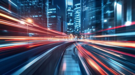 Nighttime urban scene with motion blur of car lights on a city street in blue and red tones