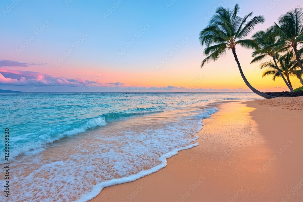 Aufkleber tranquil beach scene with lush palm trees framing the turquoise ocean waves and soft sand underneath