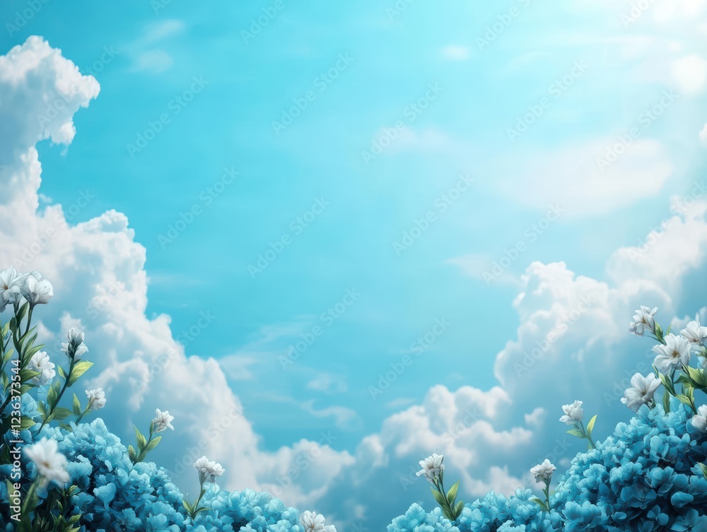 Aufkleber vibrant blue flowers blooming under a bright sky with fluffy clouds creating a cheerful and lively a