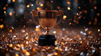 Golden Trophy Amidst Festive Confetti Celebration