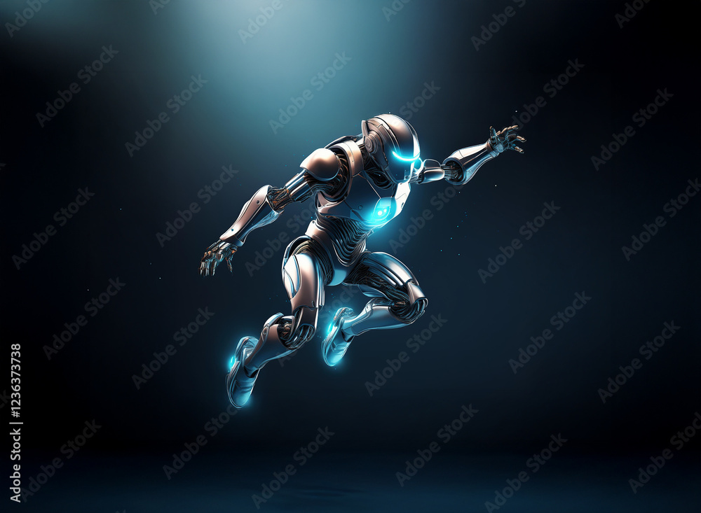 Poster a futuristic robotic figure, sleek and metallic, leaps forward with glowing cyan accents against a d