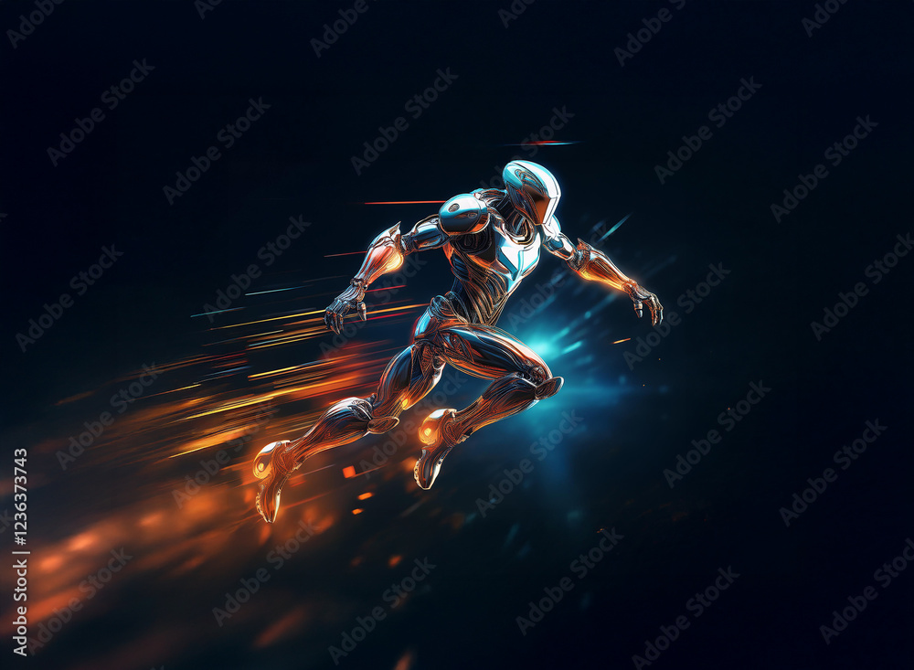 Fototapete A metallic humanoid figure in dynamic motion, streaks of light trailing behind it as it leaps forward with powerful force.  The scene is dark, emphasizing the figure's glowing details.