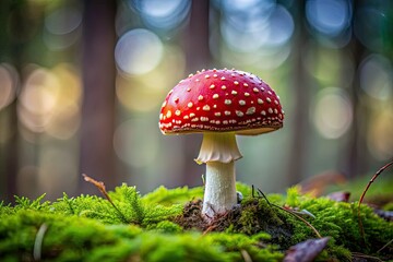 Norway's autumn forest: a single red toadstool, minimalist Amanita Muscaria, serene scenery.