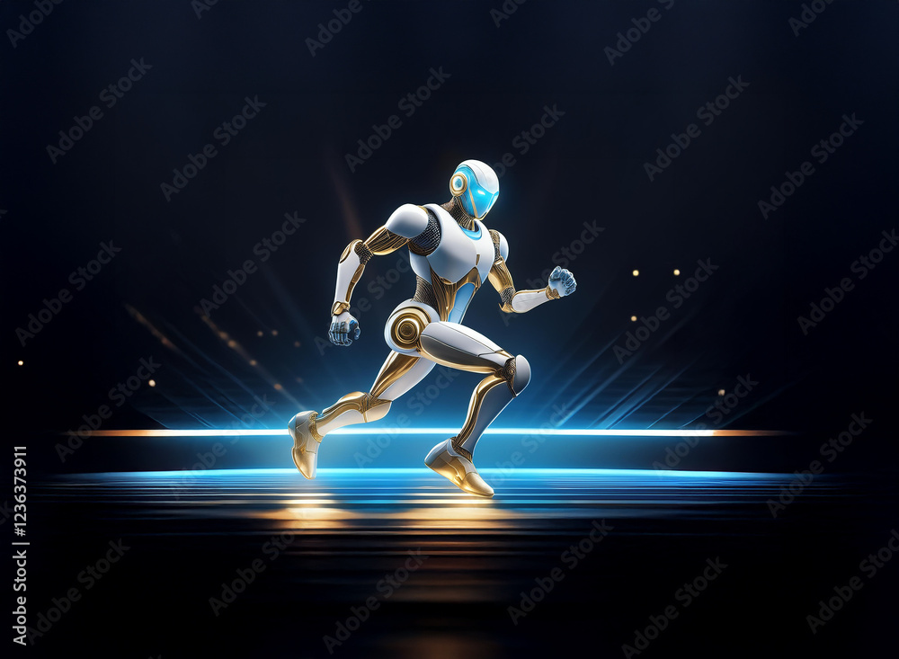 Aufkleber a futuristic robot, sleek and white with gold accents, runs dynamically across a glowing, circular p
