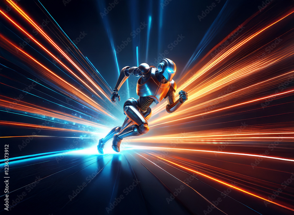Poster a metallic robot sprints through a futuristic, energy-charged tunnel, streaks of vibrant orange and 