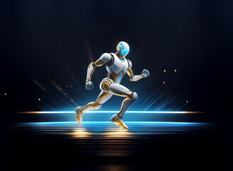 Fototapeta premium A futuristic robot, sleek and white with gold accents, runs dynamically across a glowing, circular platform. The scene is dark and dramatic, emphasizing the robot's speed and advanced design.