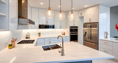 "Modern Luxury Kitchen with Marble Countertops, Pendant Lighting & High-End Appliances"