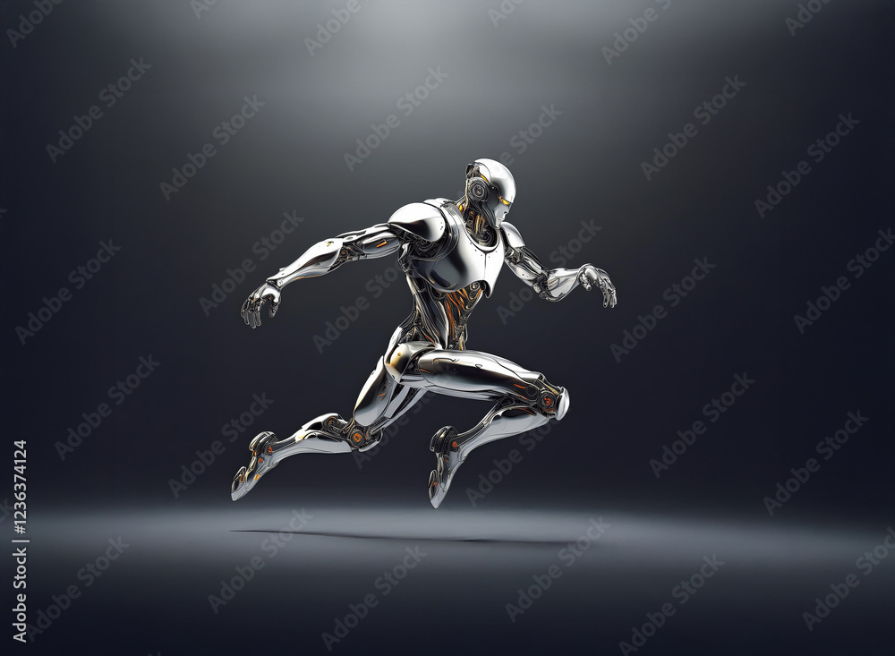 Poster A chrome android in a dynamic running pose, its metallic body gleaming under a dramatic spotlight against a dark background.  The figure is poised mid-stride, suggesting speed and power.