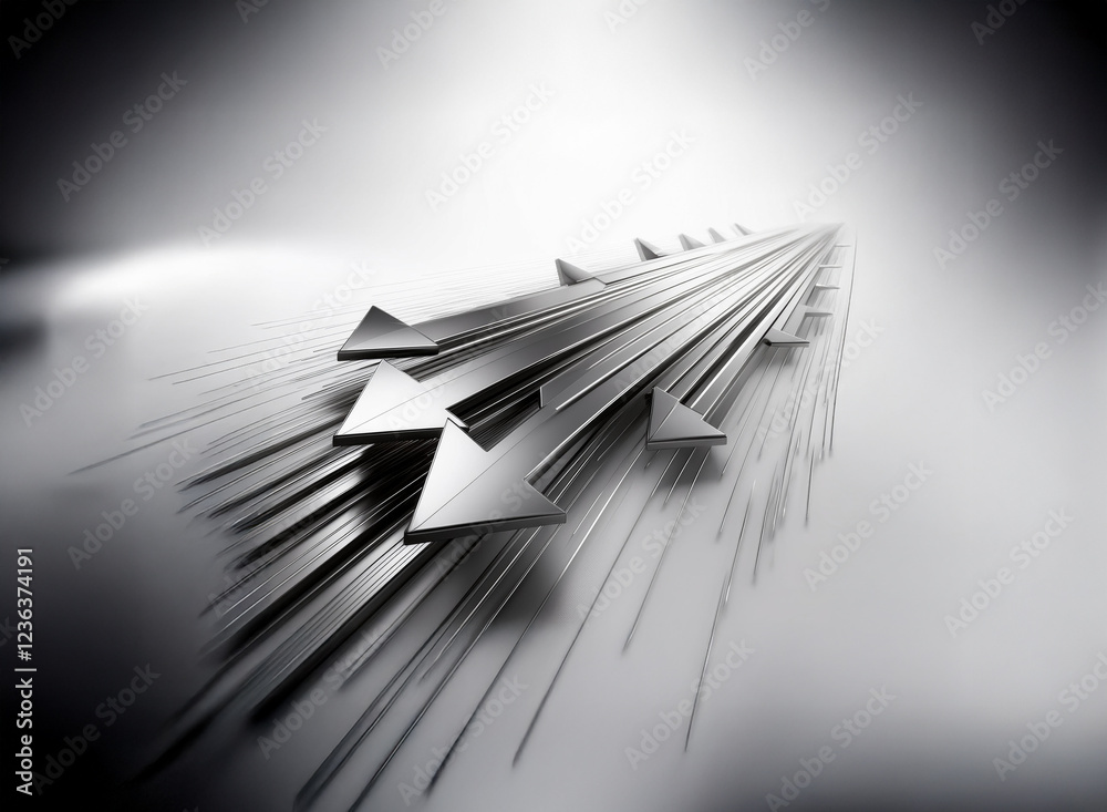 Poster Multiple metallic arrows converge, creating a dynamic, perspective-based, upward motion trail.  The image conveys speed, progress, and future success.