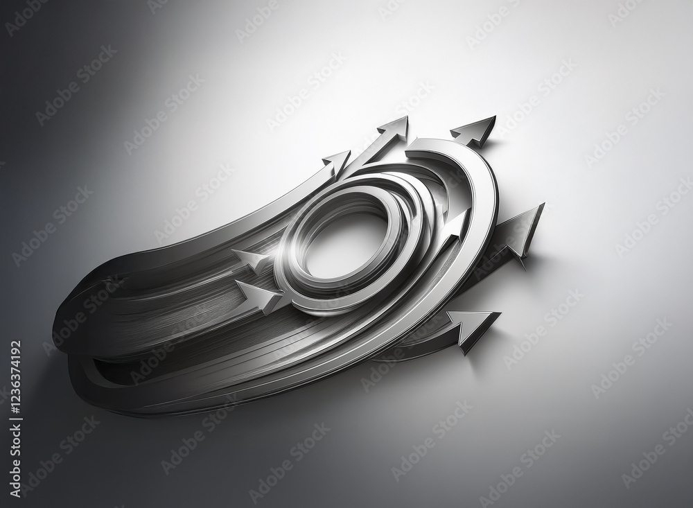 Poster abstract metallic gray 3d artwork featuring swirling arrows forming a circular pattern. the design e