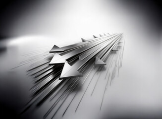 Multiple metallic arrows converge, creating a dynamic, perspective-based, upward motion trail.  The image conveys speed, progress, and future success.