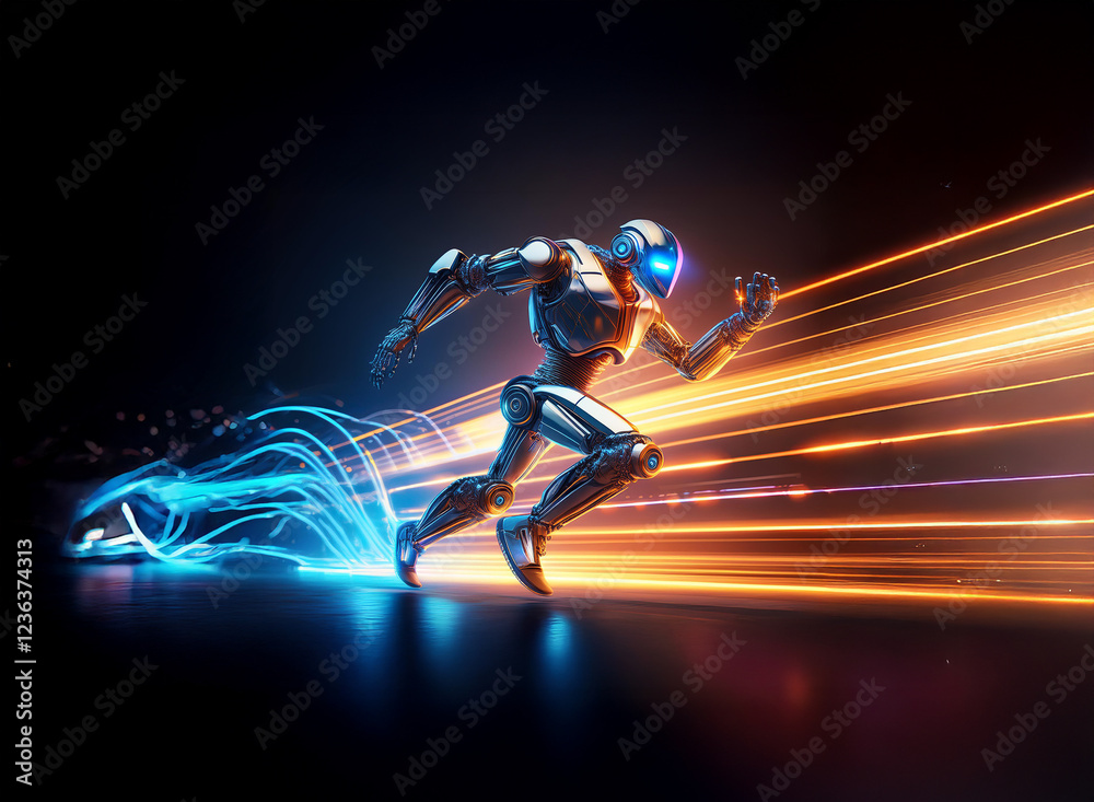 Aufkleber a futuristic robot, sleek and metallic, sprints forward leaving glowing trails of light. its speed i
