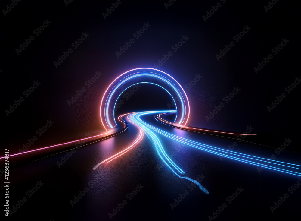 Aufkleber neon glowing lines form a winding road leading to a vibrant circular portal. the scene is dark and f