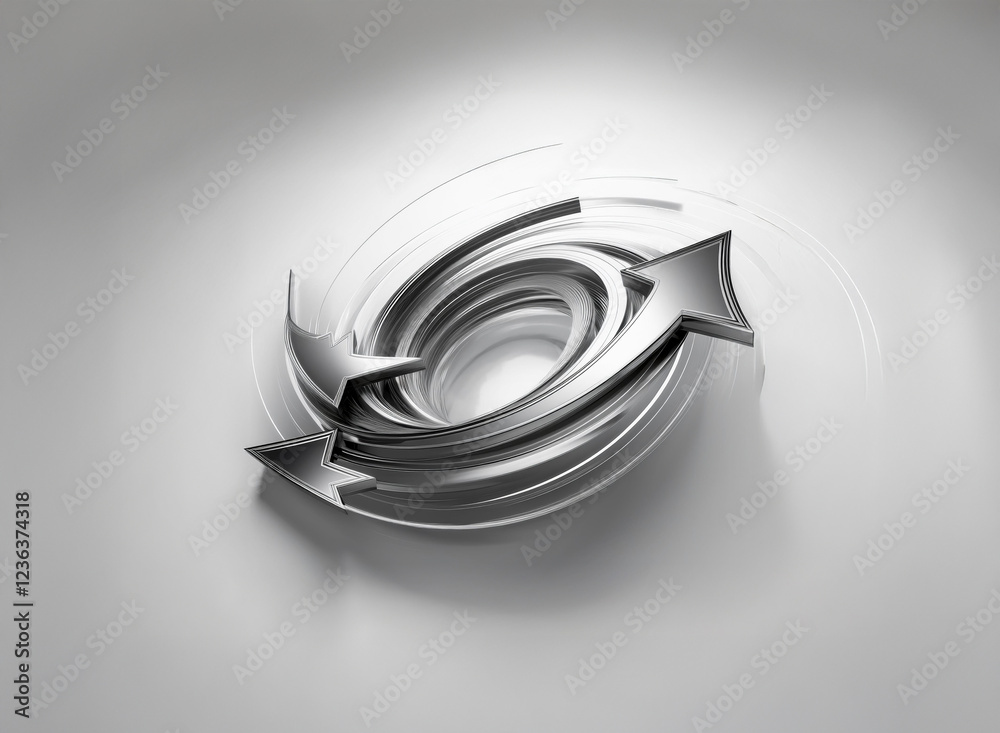 Poster Intertwined metallic arrows spiral in a circular motion, creating a dynamic sense of movement and flow against a minimalist, light grey background.  The design suggests continuous progress and cyclica