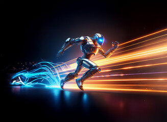 A futuristic robot, sleek and metallic, sprints forward leaving glowing trails of light.  Its speed is depicted by dynamic light streaks, suggesting immense power and velocity.