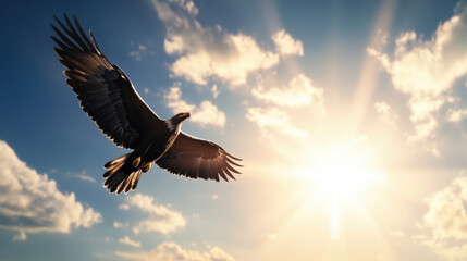 Obraz premium majestic eagle soaring through sky, wings spread wide against backdrop of clouds and sunlight, symbolizes freedom and strength