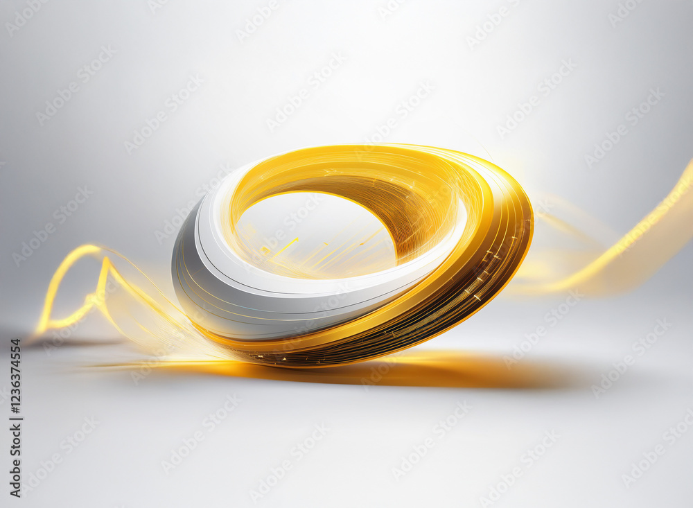 Poster abstract 3d rendering of a swirling, luminous white and gold torus, emitting glowing light trails ag