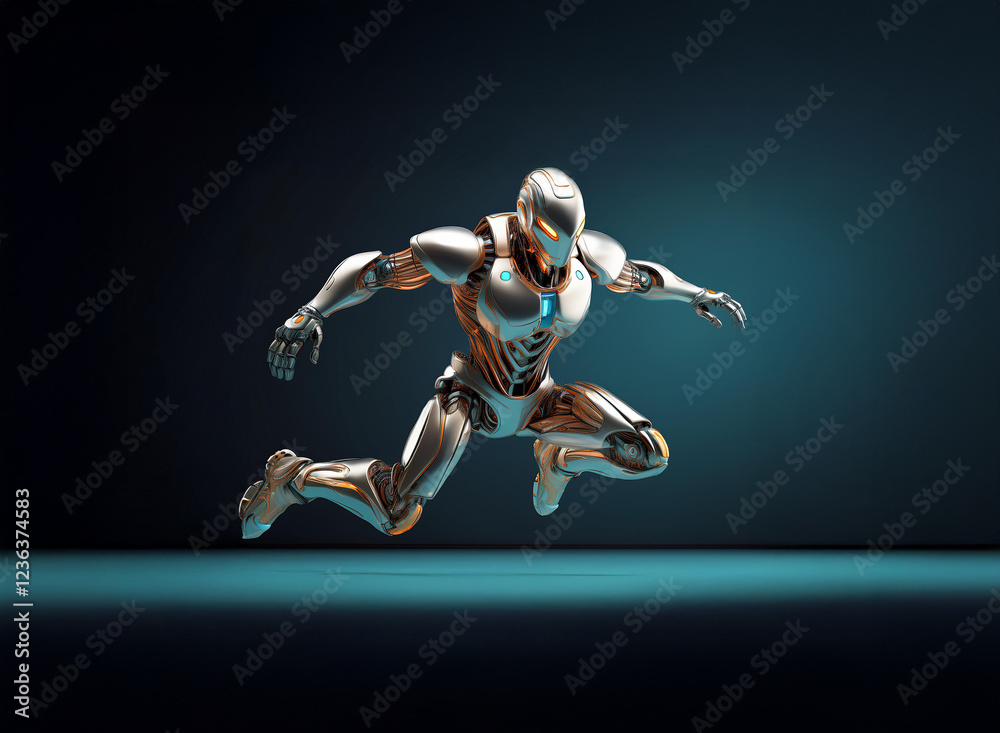 Poster a metallic humanoid robot, bronze and silver, leaps forward with dynamic energy against a dark teal 