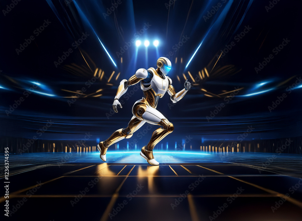 Poster a futuristic robot runner, gleaming gold and white, sprints across a dark, technologically advanced 