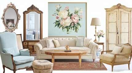 Elegant French Country Living Room Interior Design with Pastel Colors and Floral Artwork