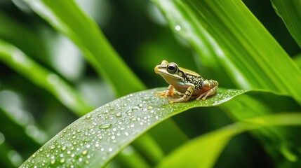 Vibrant Small Frog Sitting on a Leaf in a Tropical Rainforest with Vibrant Foliage and Rain Droplets: Showcasing the Beauty of Amphibian Life and Lush Rainforest Environment