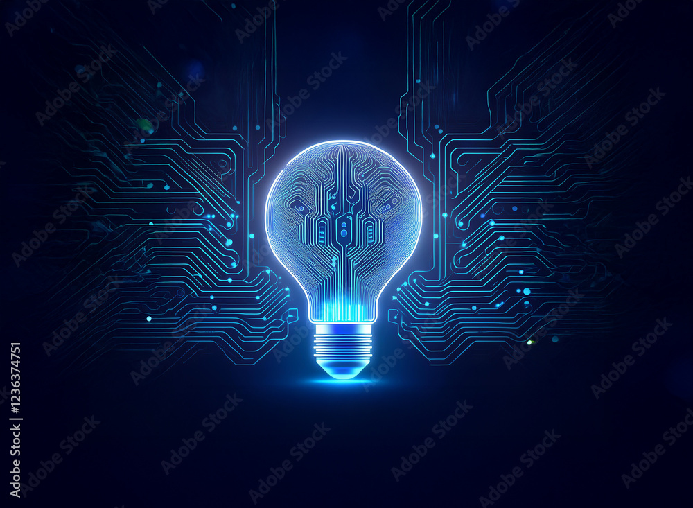 Poster A glowing lightbulb, its filament replaced by intricate circuitry, sits at the heart of a complex technological design.  This image symbolizes innovation and the intersection of technology and ideas.