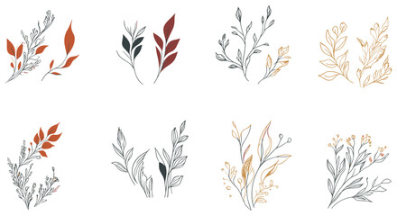 Boho leaves and branches print, vintage floral design, botanic frame, wavy corner and borders, vector style for packaging, social media, wedding cards.