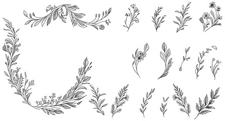 Set of boho floral design, retro botanic frame with wavy borders, vintage branches and leaves print for social media, wedding cards, packaging.