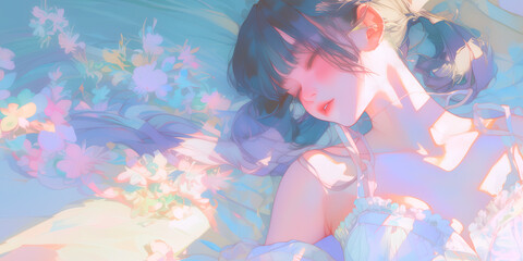 寝起きにリラックスしている女性。水彩画。イラスト。バナー素材。