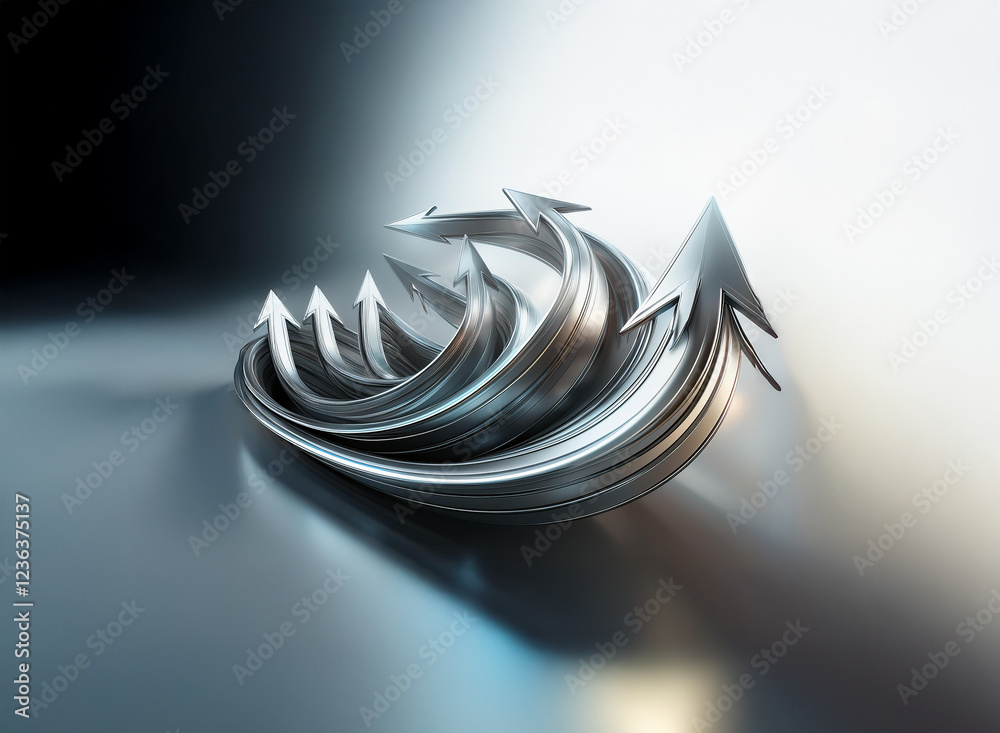 Poster A cluster of sleek, metallic arrows curve and intertwine, creating a dynamic, upward-pointing formation against a subtly contrasting background.  The polished metal reflects light, suggesting movement