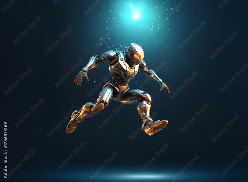 Poster A metallic humanoid figure leaps dynamically against a dark blue backdrop, illuminated by a soft, glowing light source above.  Its movement suggests power and agility.