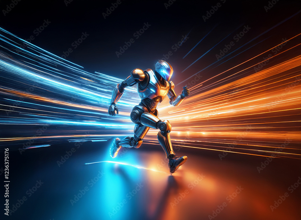 Poster a metallic robot, sleek and powerful, runs at incredible speed through a tunnel of vibrant, contrast