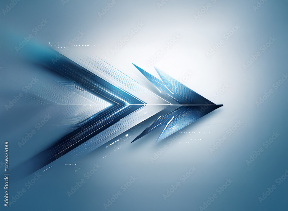 Poster abstract image of a sleek, double arrow pointing right, rendered in shades of blue and gray with a f