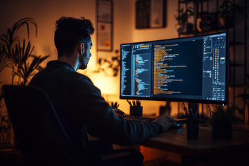 Programmer coding at night in a dark room with multiple screens, focused software developer working on computer in tech workspace