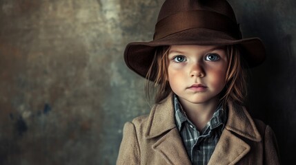 Fototapeta premium Thoughtful Child in Brown Hat and Coat Portraying Dreams and Imagination